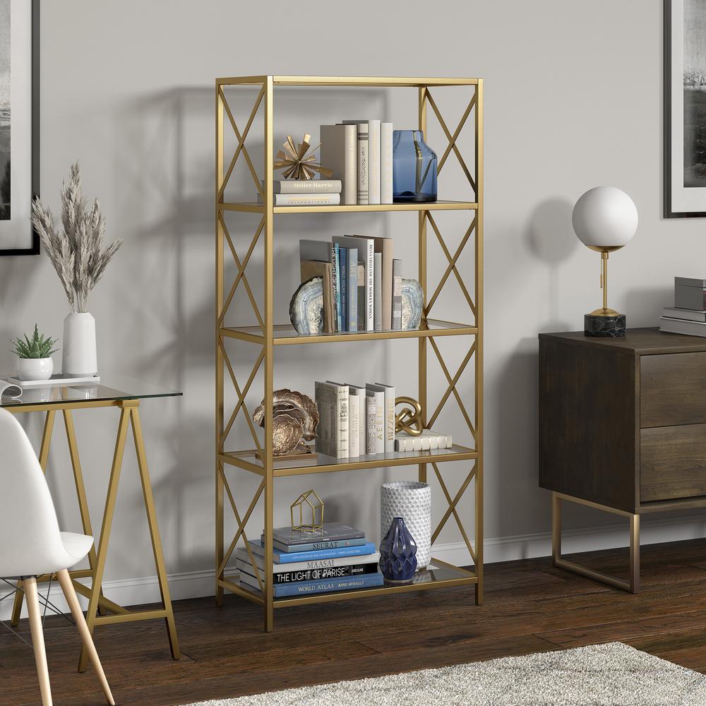 66" Gold Metal And Glass Five Tier Etagere Bookcase. Picture 4