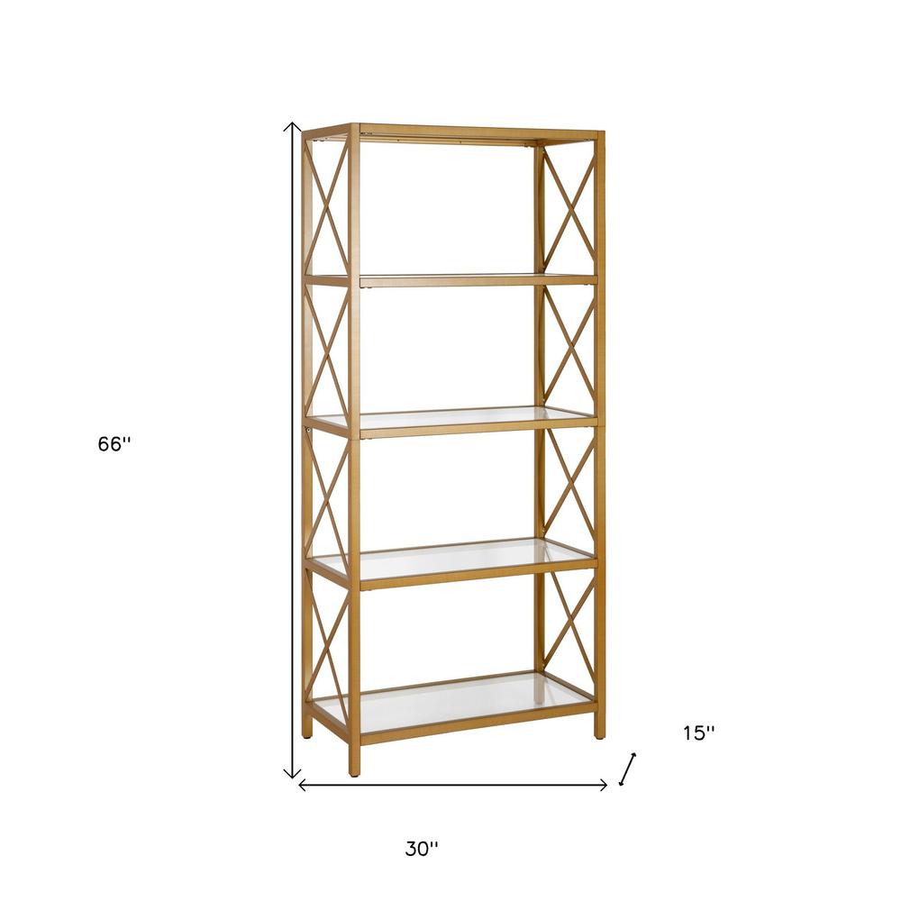 66" Gold Metal And Glass Five Tier Etagere Bookcase. Picture 8