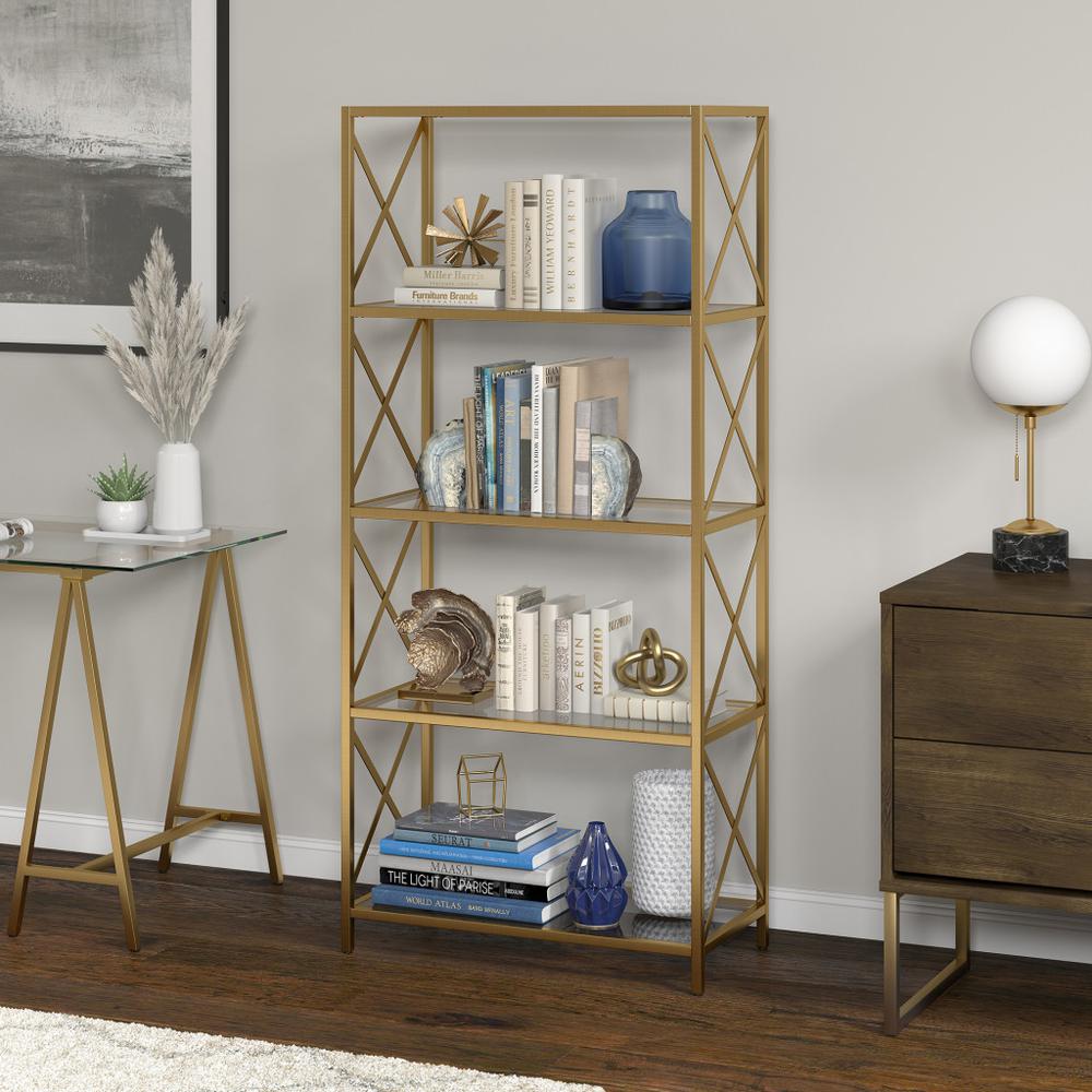 66" Gold Metal And Glass Five Tier Etagere Bookcase. Picture 6