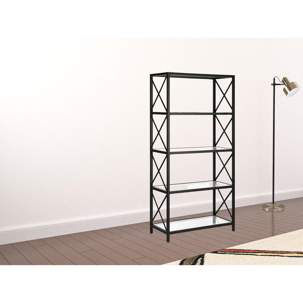 66" Black Metal And Glass Five Tier Etagere Bookcase. Picture 3