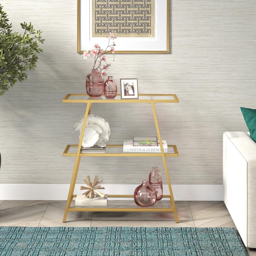 36" Gold Metal And Glass Three Tier Etagere Bookcase. Picture 5