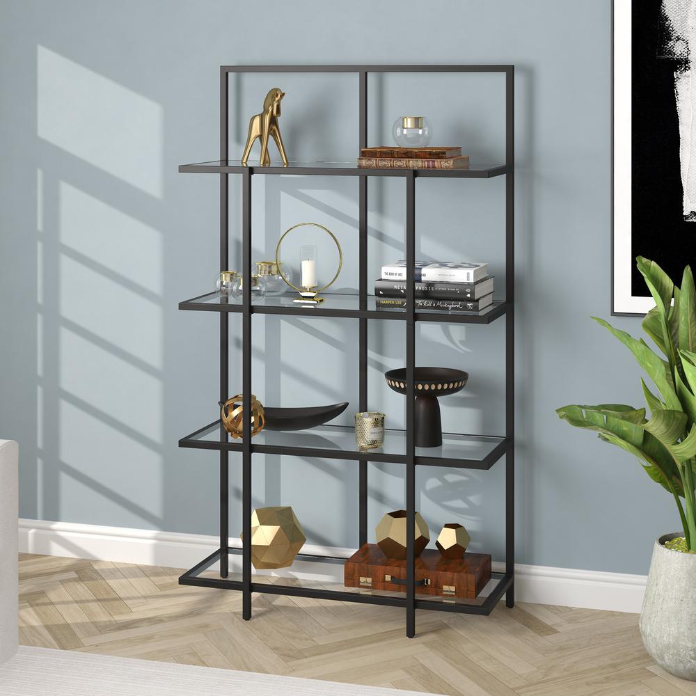 62" Black Metal And Glass Four Tier Etagere Bookcase. Picture 3