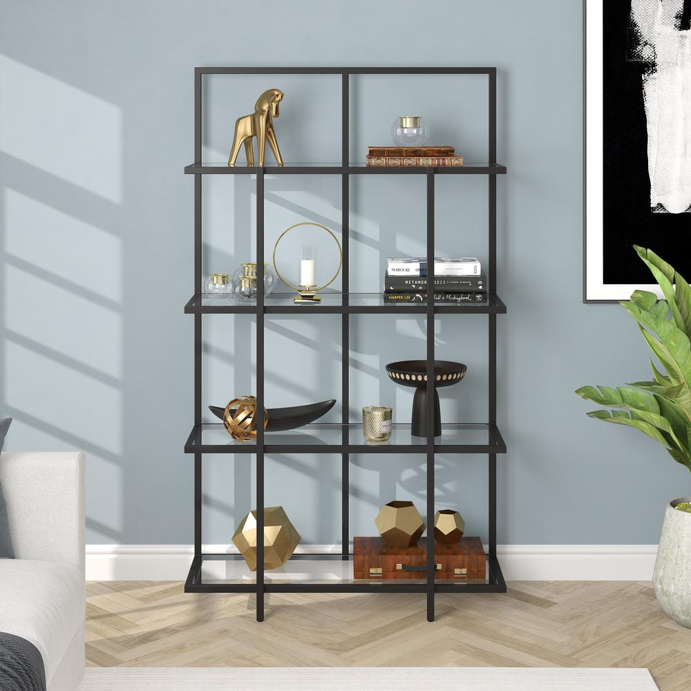 62" Black Metal And Glass Four Tier Etagere Bookcase. Picture 4