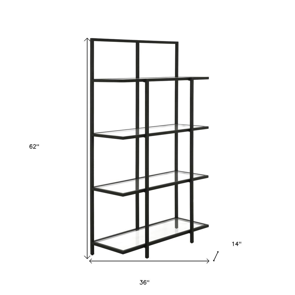 62" Black Metal And Glass Four Tier Etagere Bookcase. Picture 7