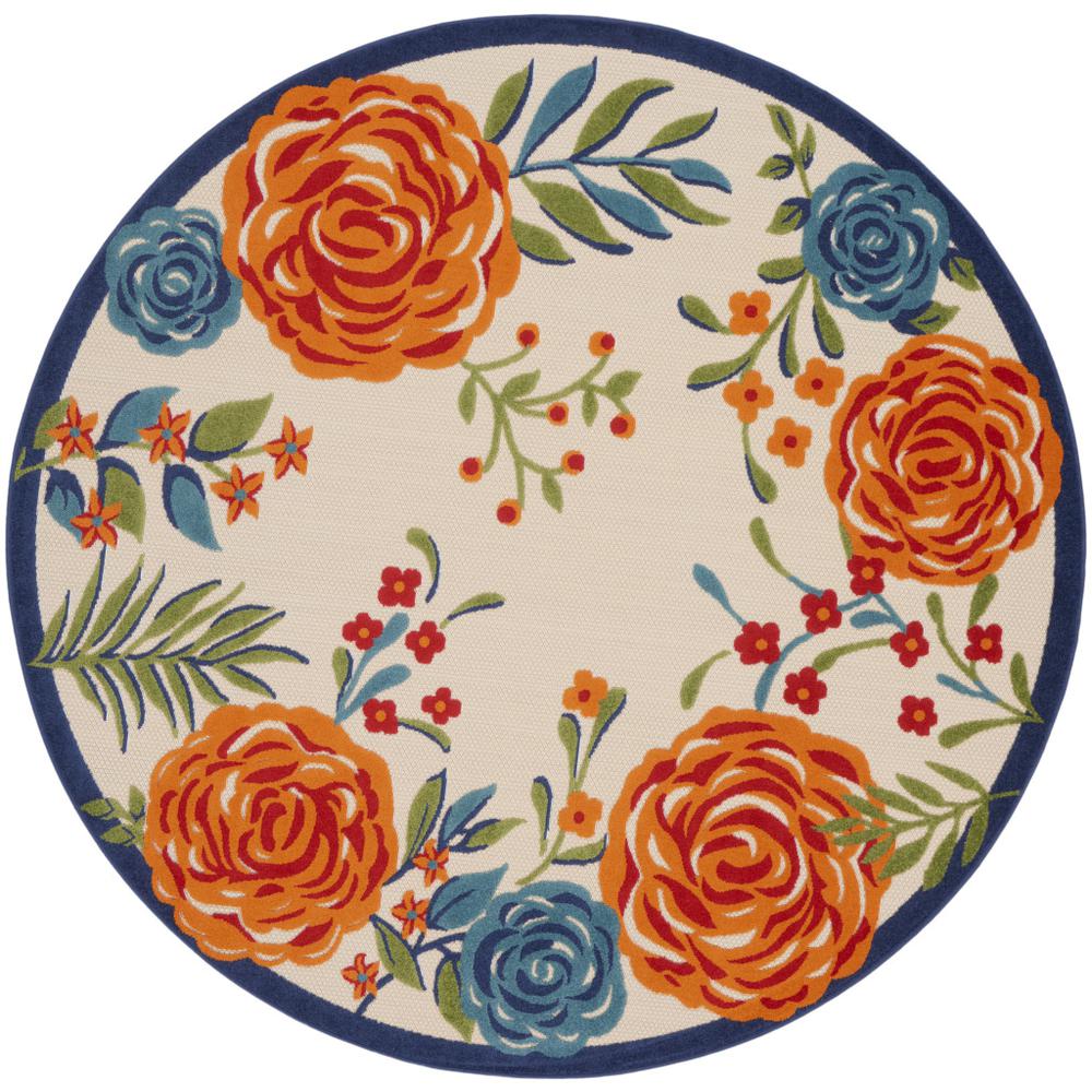 8' Blue and Orange Round Floral Power Loom Area Rug. Picture 1