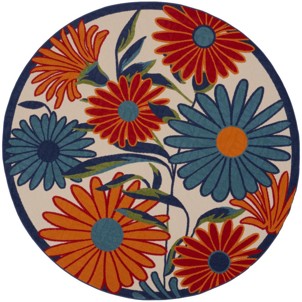 8' Blue and Orange Round Floral Power Loom Area Rug. Picture 1