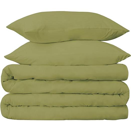Olive Green Queen Cotton Blend 650 Thread Count Washable Duvet Cover Set. Picture 1