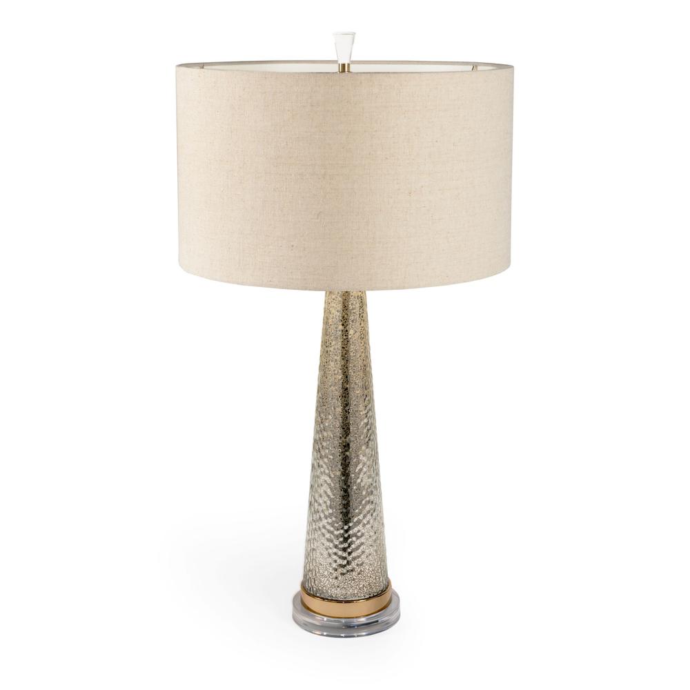 32" Silver Metallic Glass LED Table Lamp With Beige Drum Shade. Picture 1