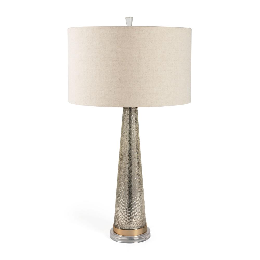32" Silver Metallic Glass LED Table Lamp With Beige Drum Shade. Picture 2
