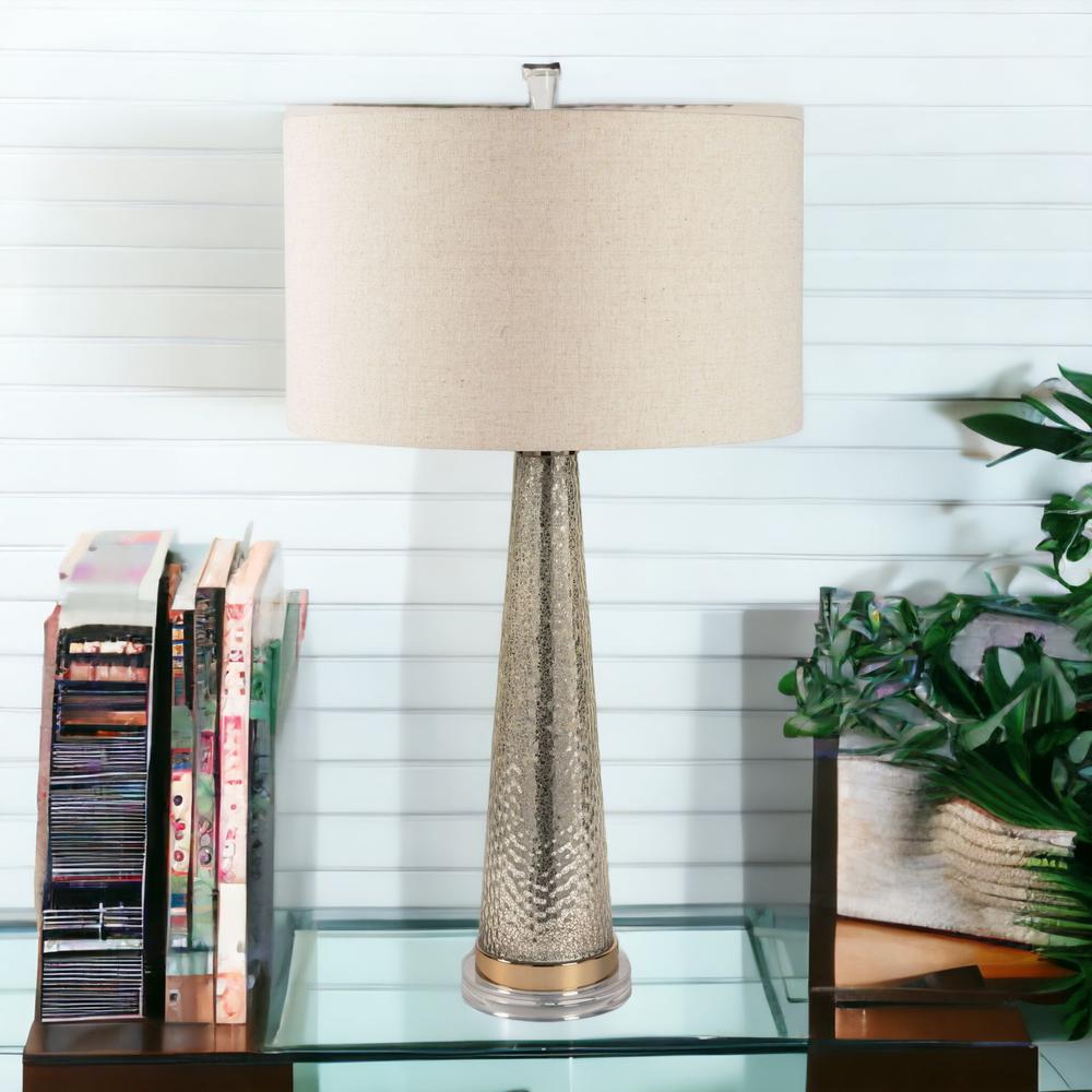 32" Silver Metallic Glass LED Table Lamp With Beige Drum Shade. Picture 3