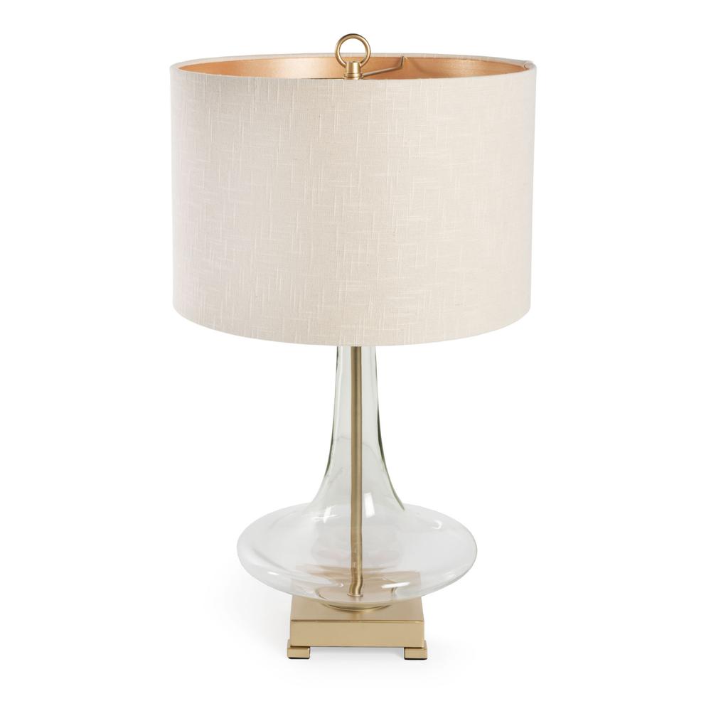 26" Clear Glass LED Table Lamp With Beige Drum Shade. Picture 1