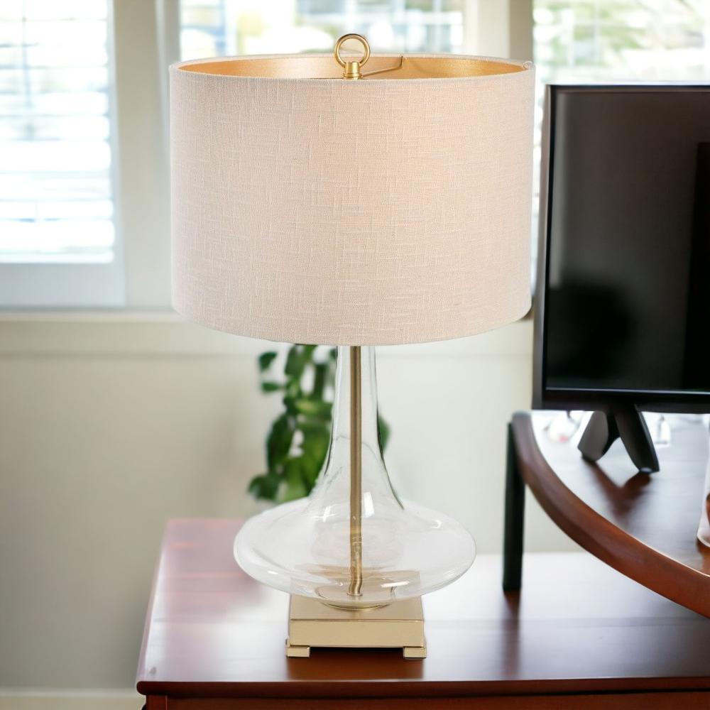 26" Clear Glass LED Table Lamp With Beige Drum Shade. Picture 4