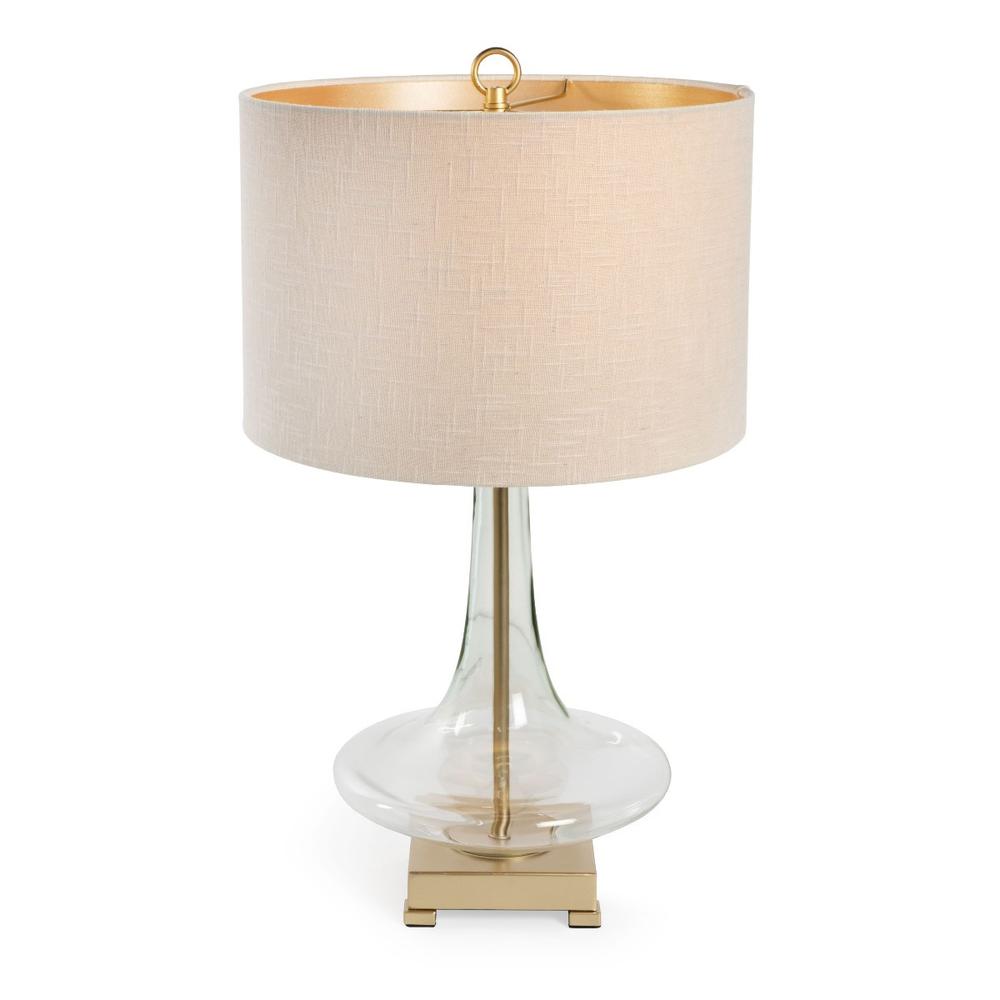 26" Clear Glass LED Table Lamp With Beige Drum Shade. Picture 2