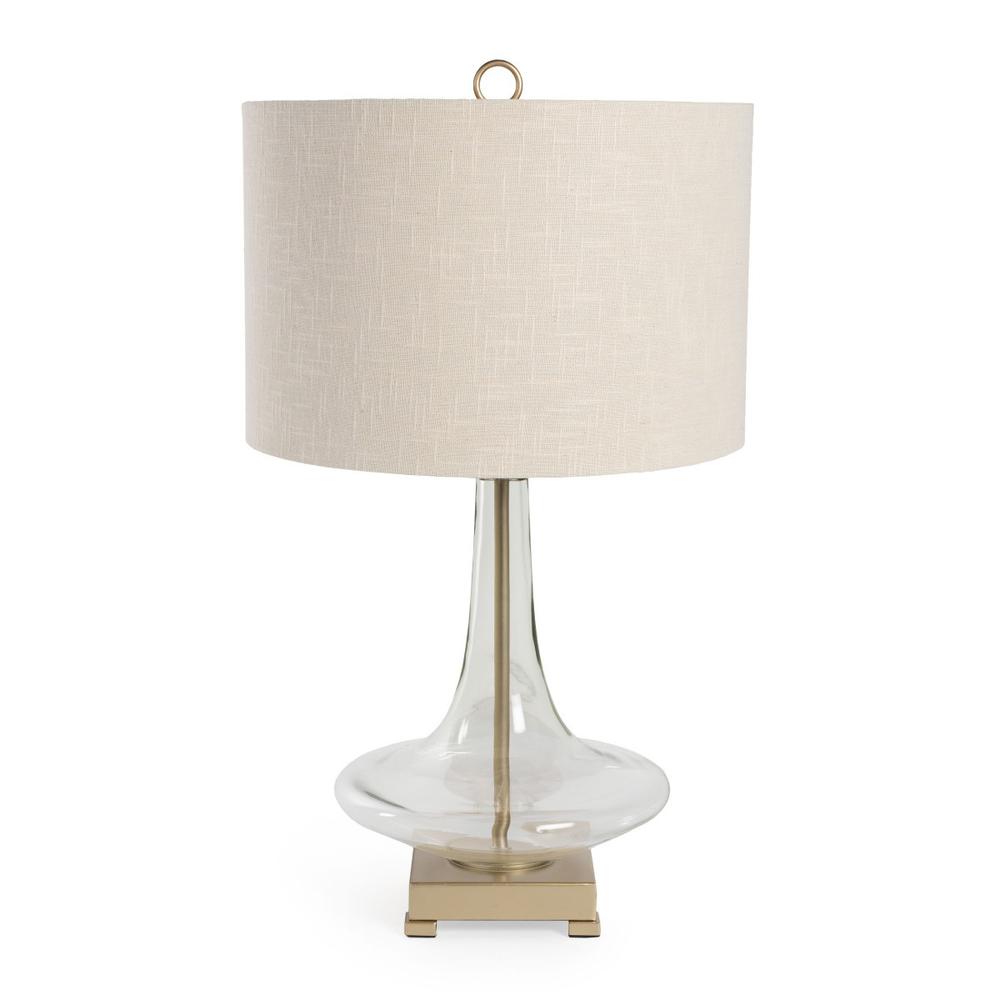 26" Clear Glass LED Table Lamp With Beige Drum Shade. Picture 3