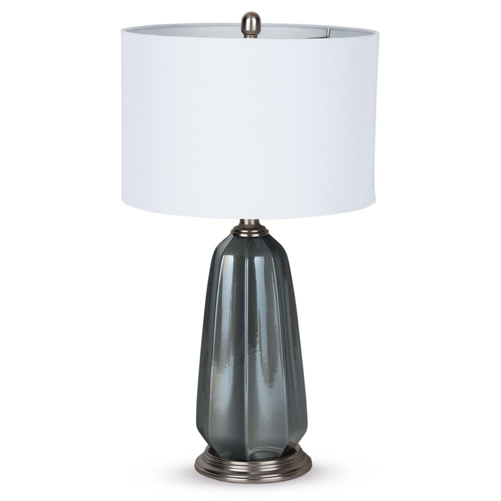 28" Blue Gray Ceramic LED Table Lamp With White Drum Shade. Picture 1