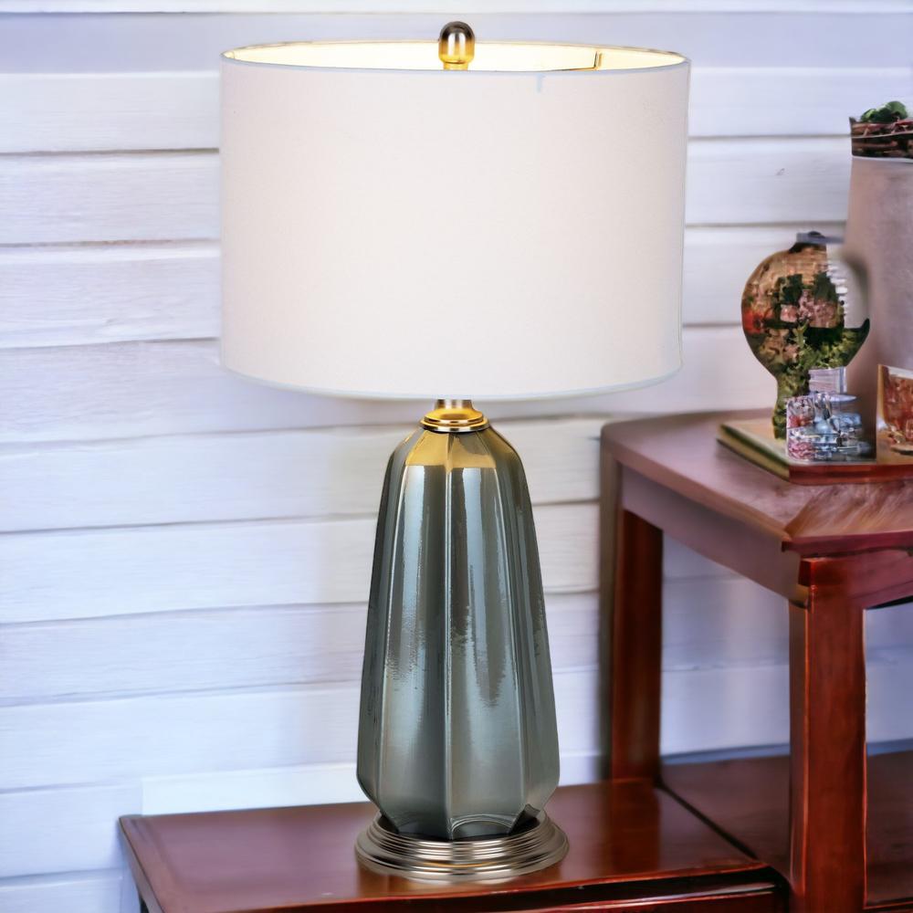 28" Blue Gray Ceramic LED Table Lamp With White Drum Shade. Picture 2