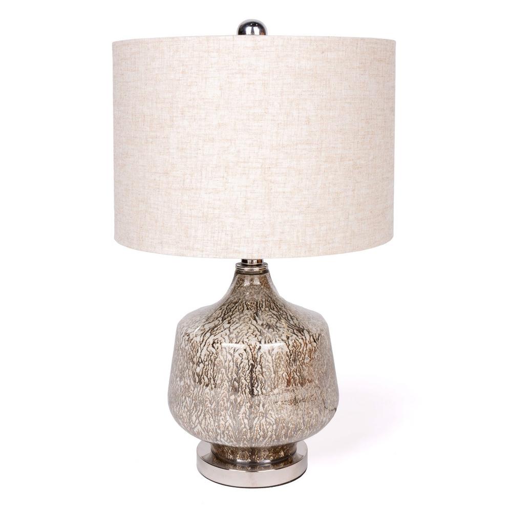 21" Silver Metallic Glass LED Table Lamp With Beige Drum Shade. Picture 1