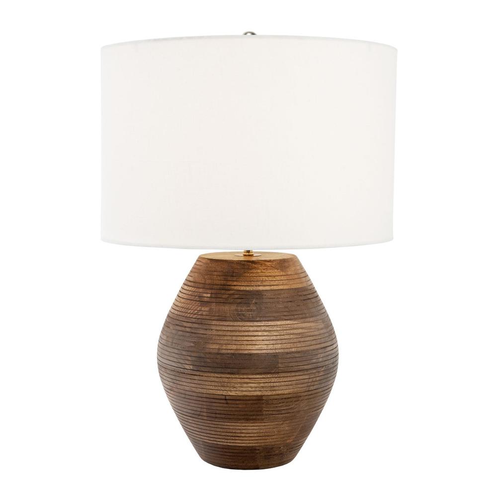 23" Brown Solid Wood LED Table Lamp With White Drum Shade. Picture 1