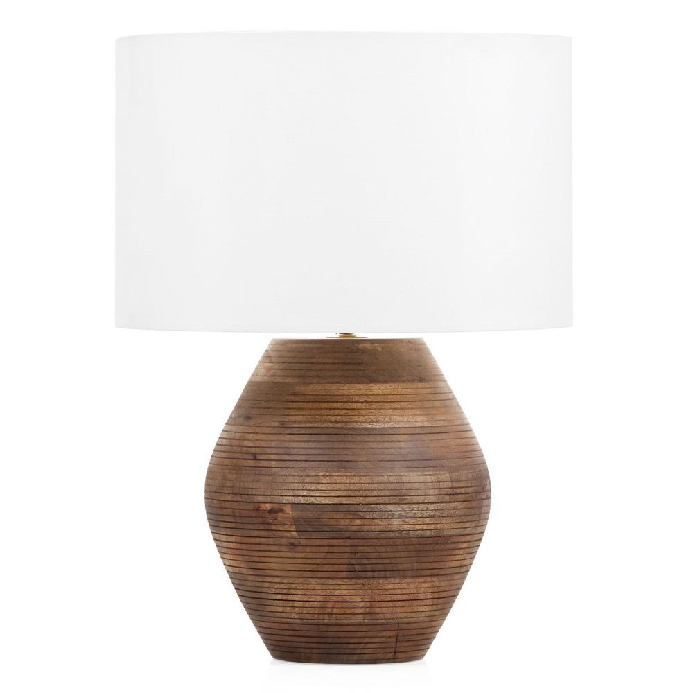 23" Brown Solid Wood LED Table Lamp With White Drum Shade. Picture 3