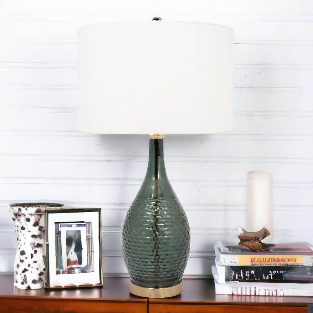 27" Blue Green Glass LED Table Lamp With White Drum Shade. Picture 7