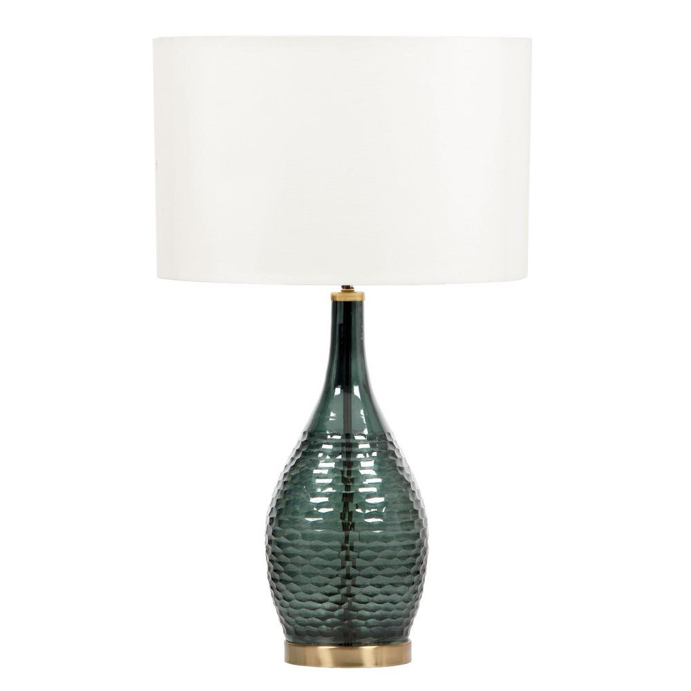 27" Blue Green Glass LED Table Lamp With White Drum Shade. Picture 2