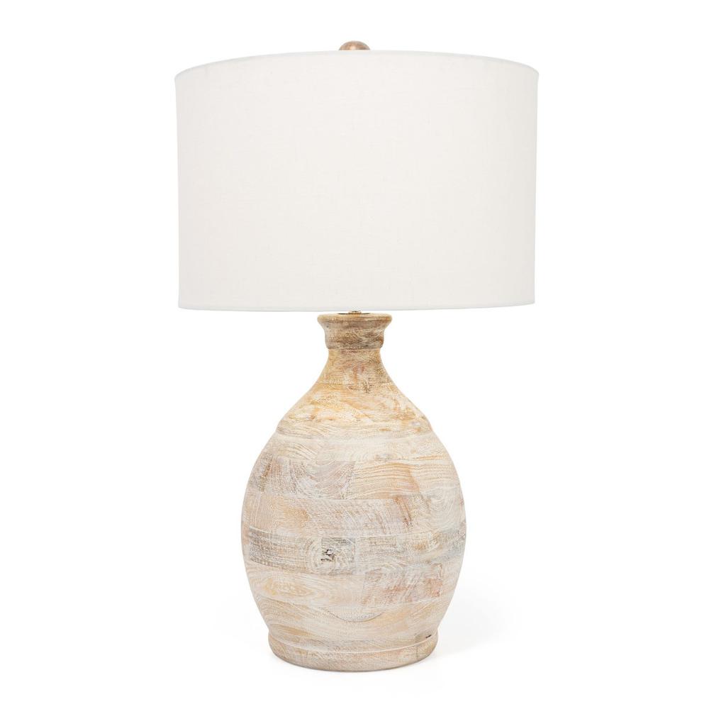 27" Blanched Almond Solid Wood LED Table Lamp With White Drum Shade. Picture 1