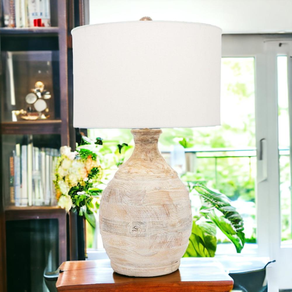 27" Blanched Almond Solid Wood LED Table Lamp With White Drum Shade. Picture 7
