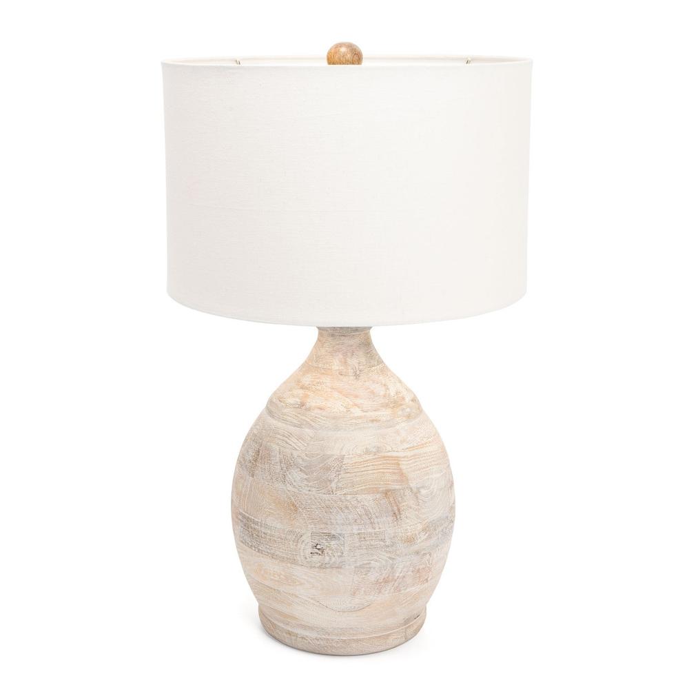 27" Blanched Almond Solid Wood LED Table Lamp With White Drum Shade. Picture 2