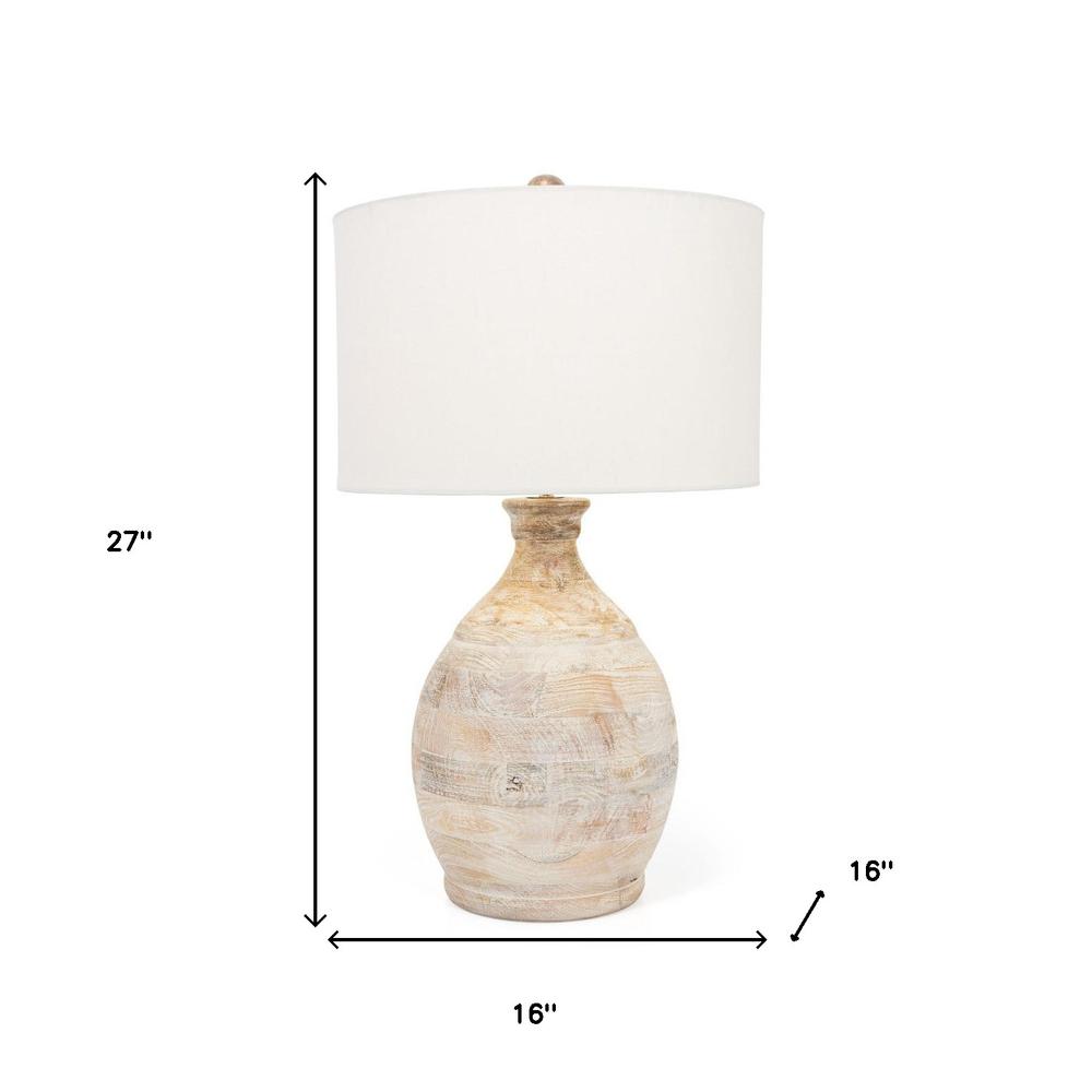 27" Blanched Almond Solid Wood LED Table Lamp With White Drum Shade. Picture 8