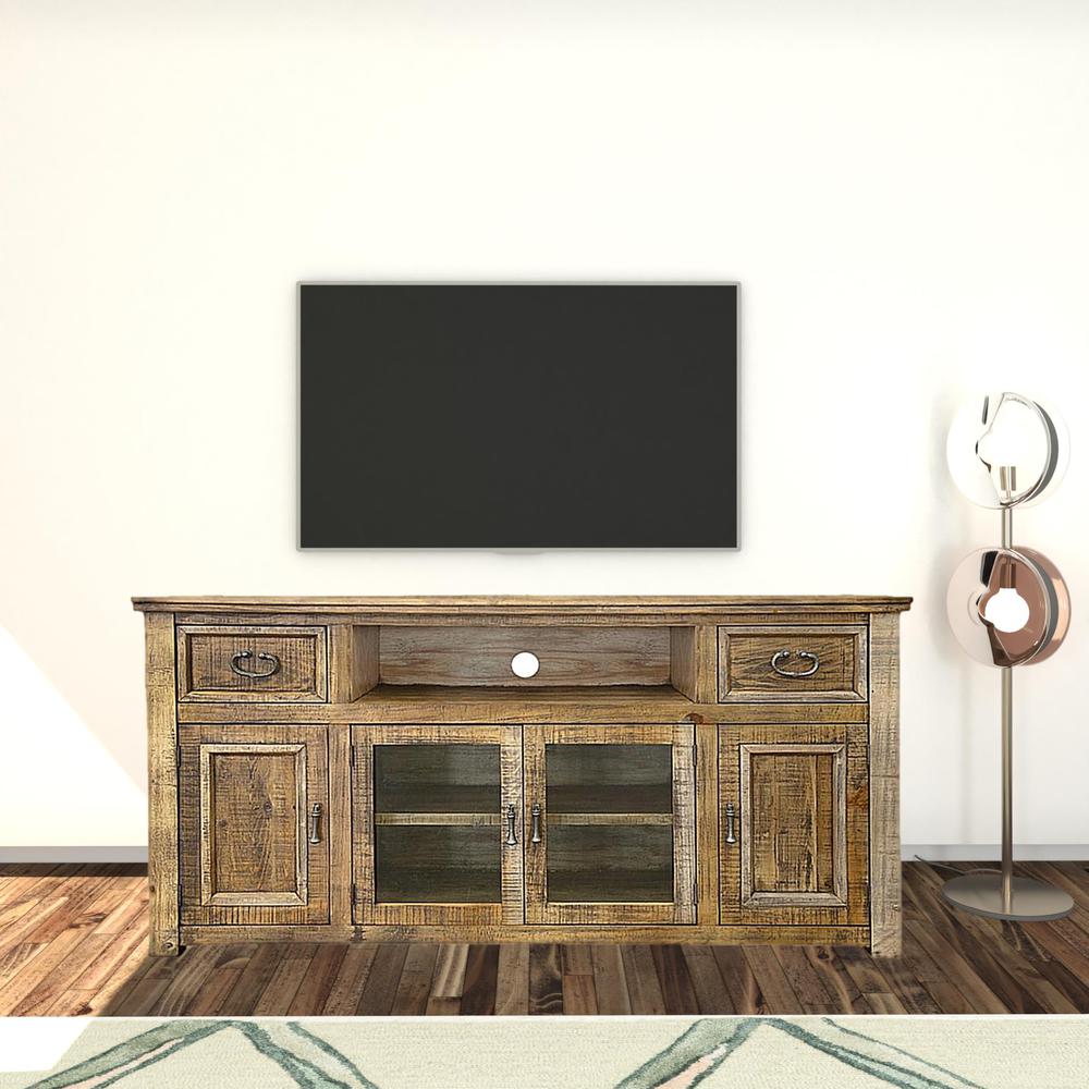 70" Brown Solid Wood Cabinet Enclosed Storage Distressed TV Stand. Picture 4