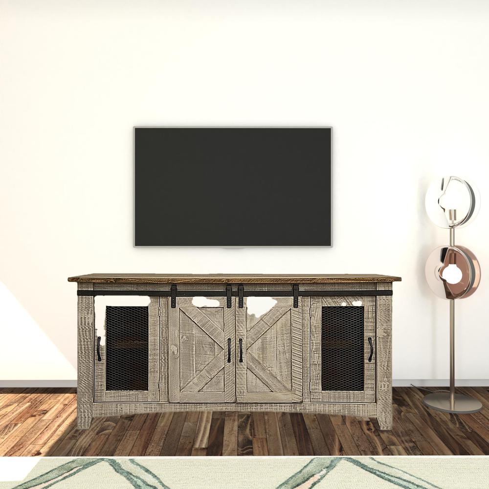 70" Gray Solid Wood Cabinet Enclosed Storage Distressed TV Stand. Picture 2