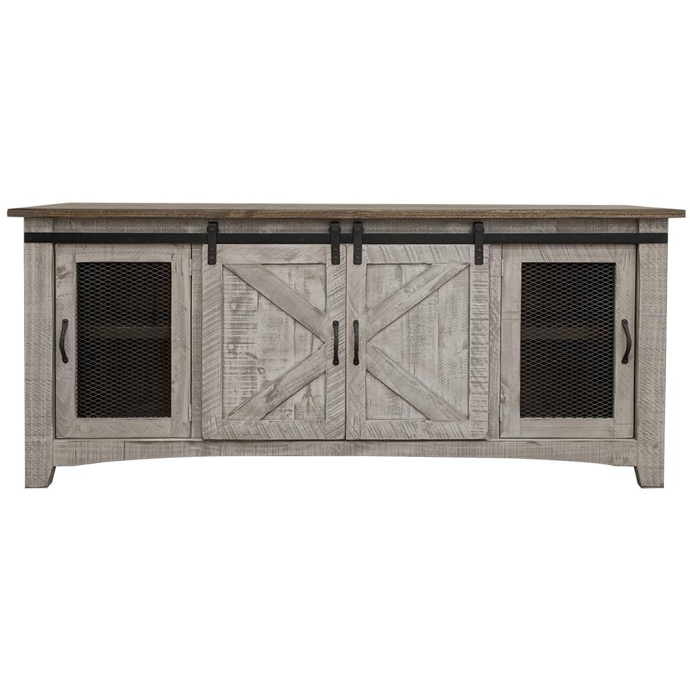 79" Gray Solid Wood Cabinet Enclosed Storage Distressed TV Stand. Picture 1