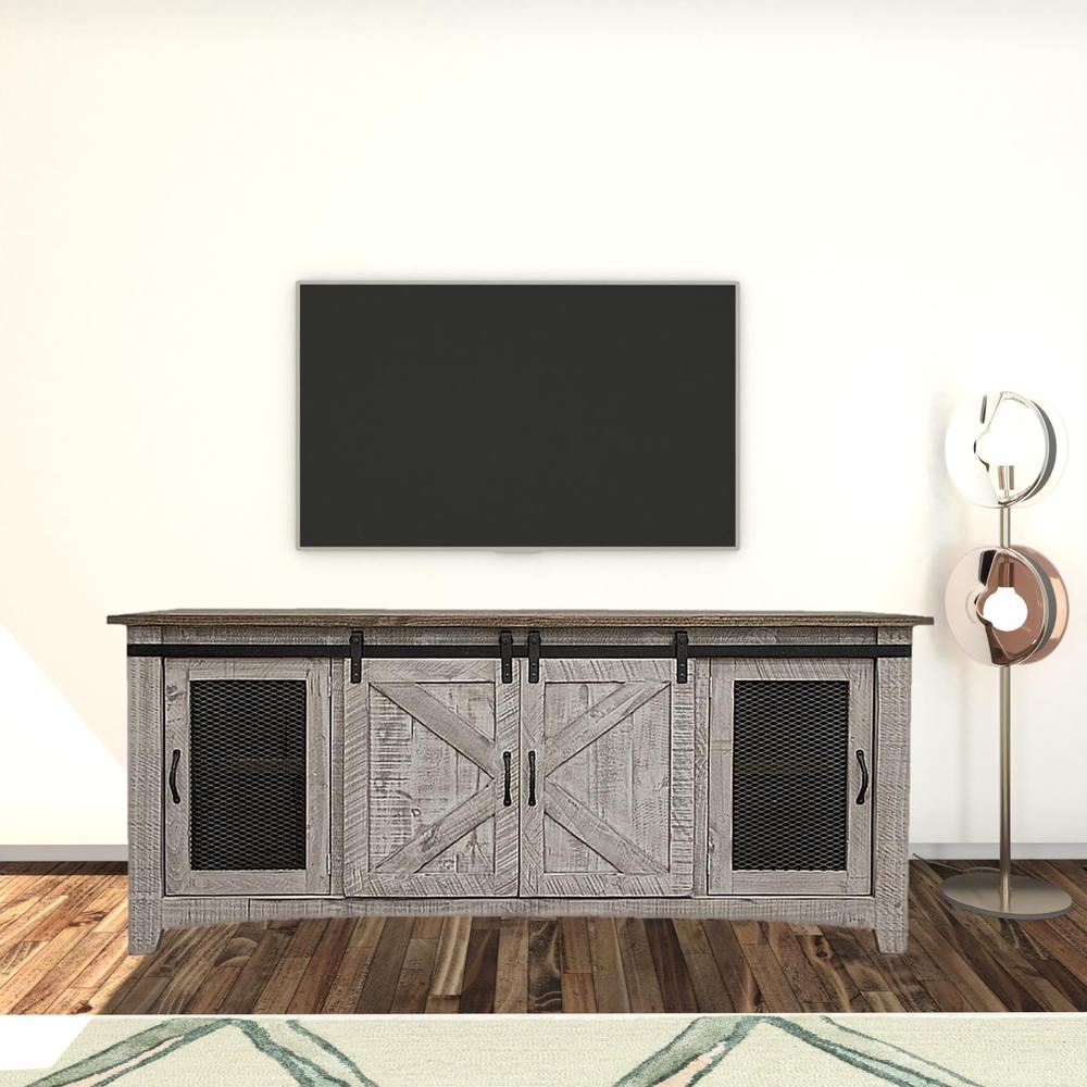 79" Gray Solid Wood Cabinet Enclosed Storage Distressed TV Stand. Picture 2