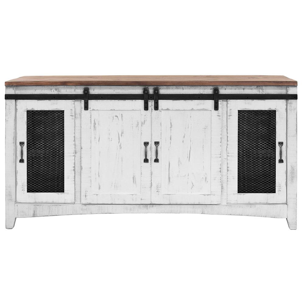 68" White Solid Wood Cabinet Enclosed Storage Distressed TV Stand. Picture 3