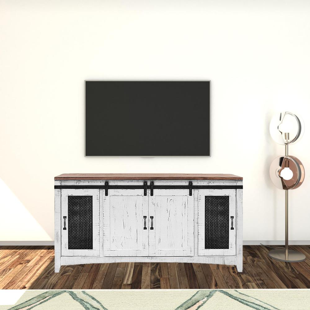 68" White Solid Wood Cabinet Enclosed Storage Distressed TV Stand. Picture 2