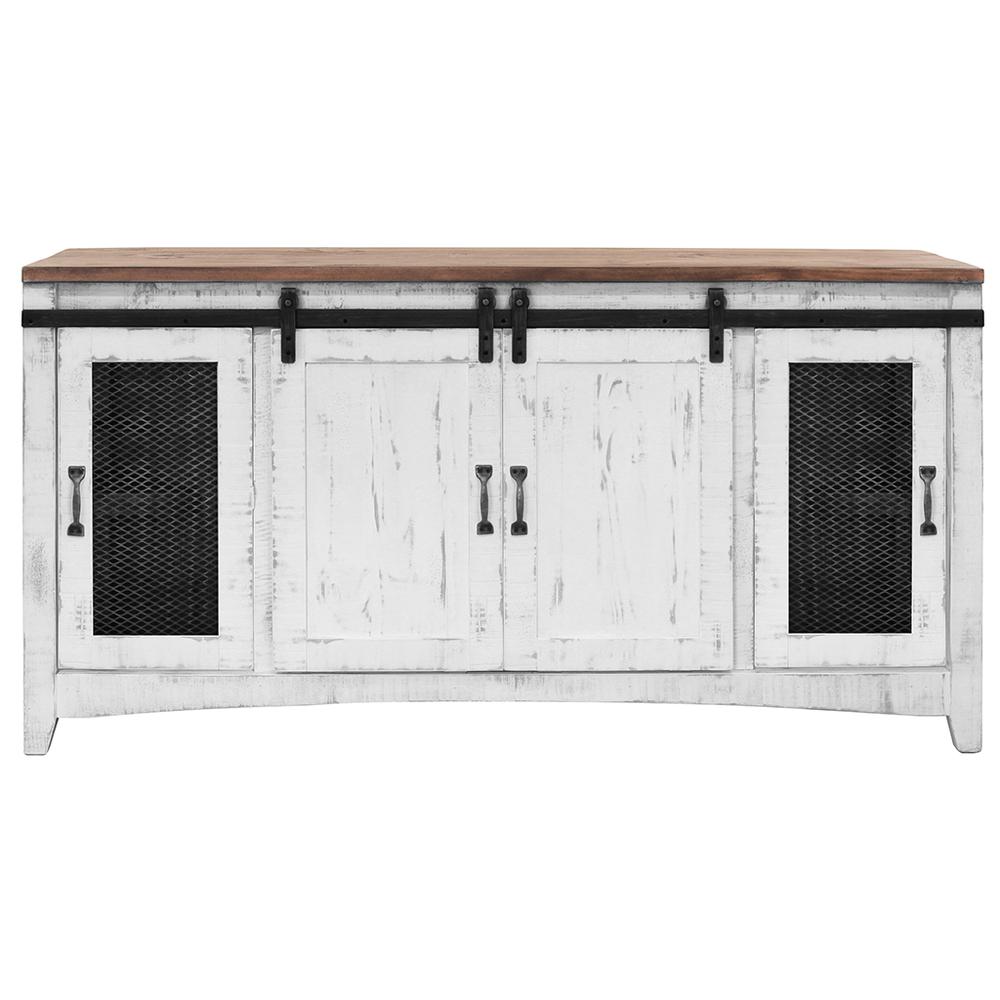 68" White Solid Wood Cabinet Enclosed Storage Distressed TV Stand. Picture 1