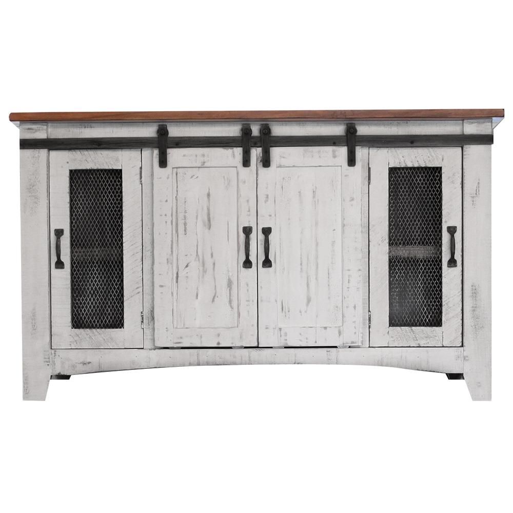60" White Solid Wood Cabinet Enclosed Storage Distressed TV Stand. Picture 1