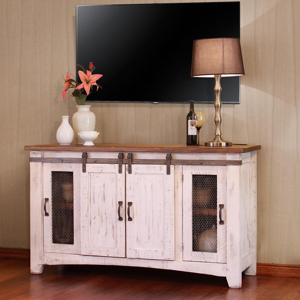 60" White Solid Wood Cabinet Enclosed Storage Distressed TV Stand. Picture 3