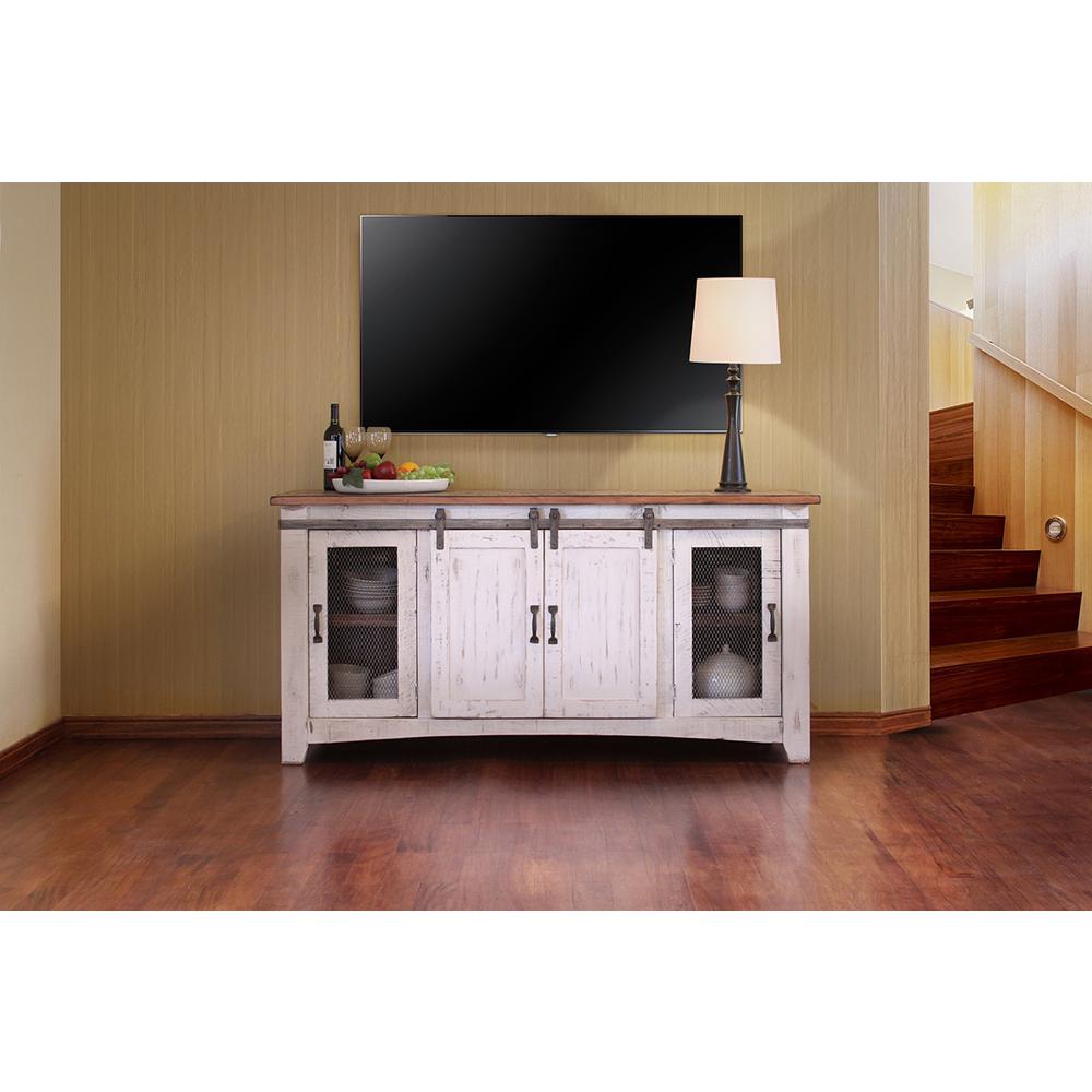 70" White Solid Wood Cabinet Enclosed Storage Distressed TV Stand. Picture 3