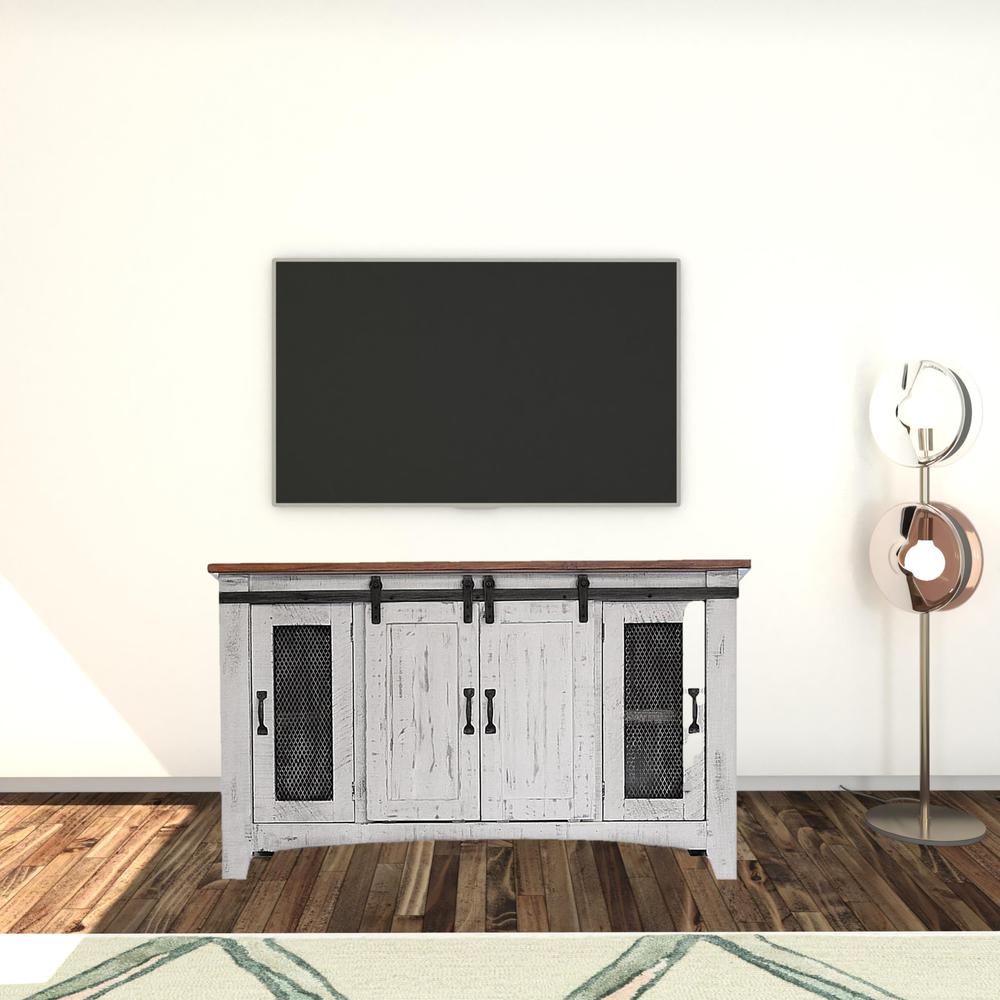 70" White Solid Wood Cabinet Enclosed Storage Distressed TV Stand. Picture 2