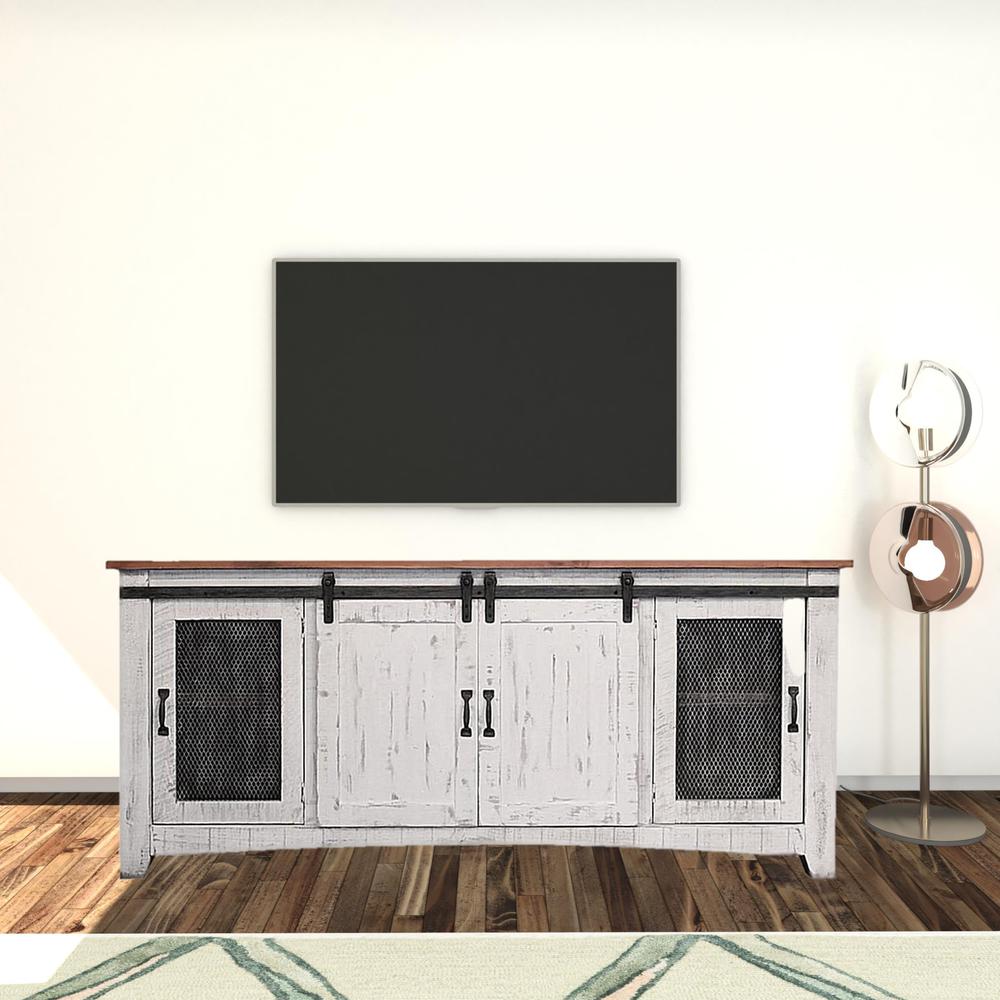 79" White Solid Wood Cabinet Enclosed Storage Distressed TV Stand. Picture 2