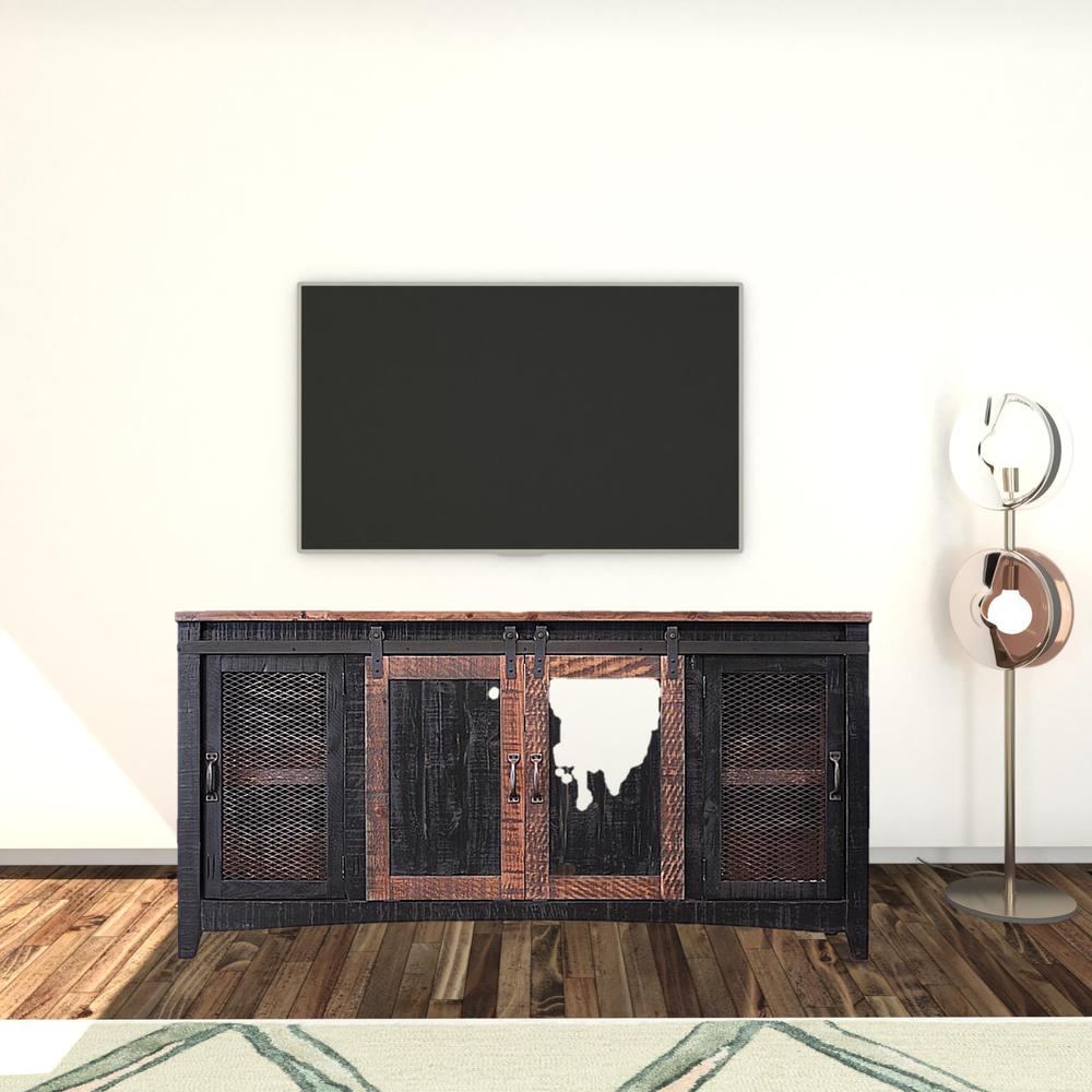 68" Black Solid Wood Cabinet Enclosed Storage Distressed TV Stand. Picture 3