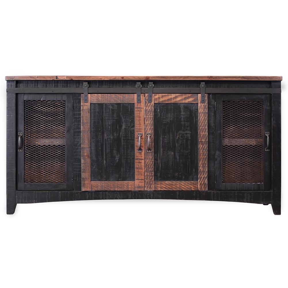 68" Black Solid Wood Cabinet Enclosed Storage Distressed TV Stand. Picture 2