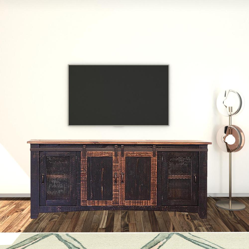 70" Black Solid Wood Cabinet Enclosed Storage Distressed TV Stand. Picture 3