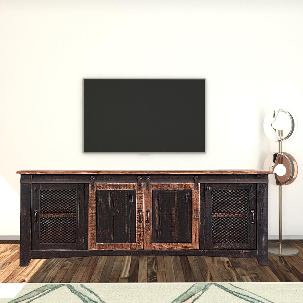 79" Black Solid Wood Cabinet Enclosed Storage Distressed TV Stand. Picture 3