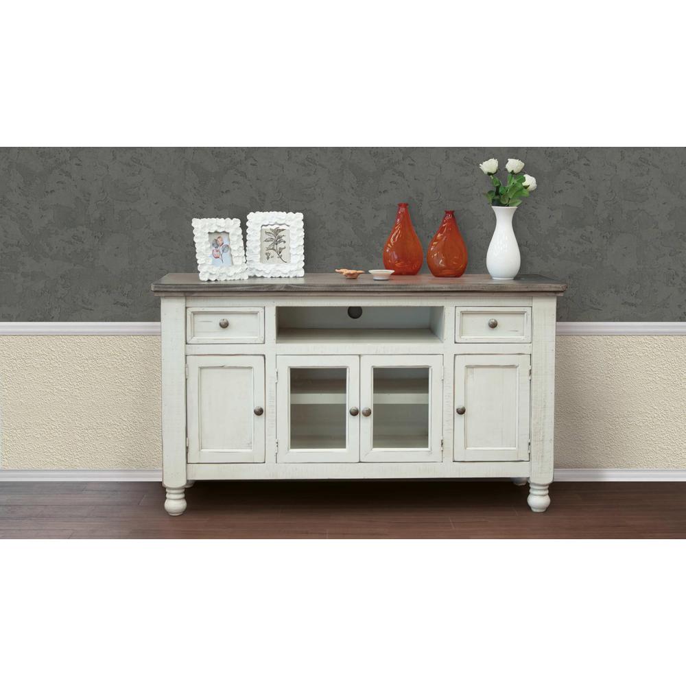 60" Ivory Solid Wood Open shelving Distressed TV Stand. Picture 3