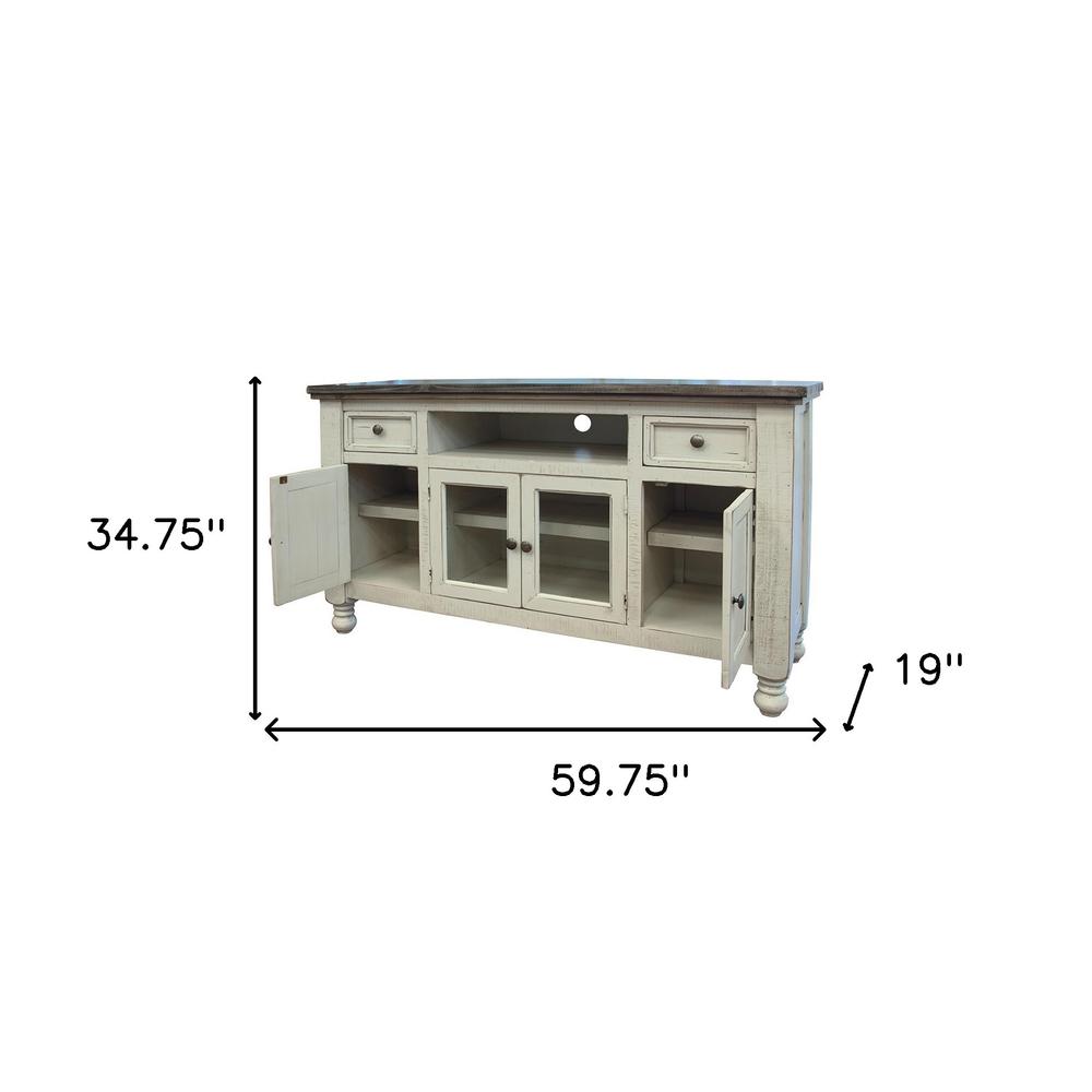 60" Ivory Solid Wood Open shelving Distressed TV Stand. Picture 6