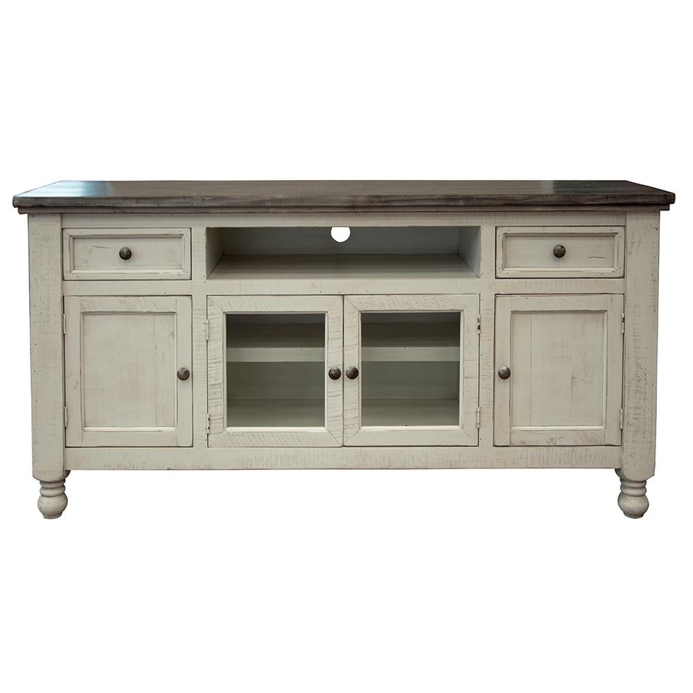 70" Ivory Solid Wood Open shelving Distressed TV Stand. Picture 1