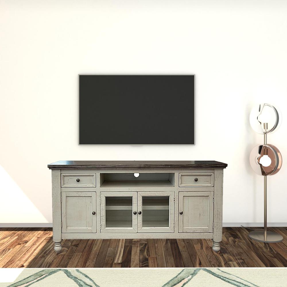 70" Ivory Solid Wood Open shelving Distressed TV Stand. Picture 2