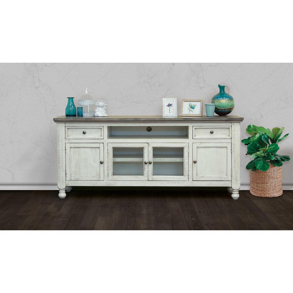79" Ivory Solid Wood Open shelving Distressed TV Stand. Picture 3